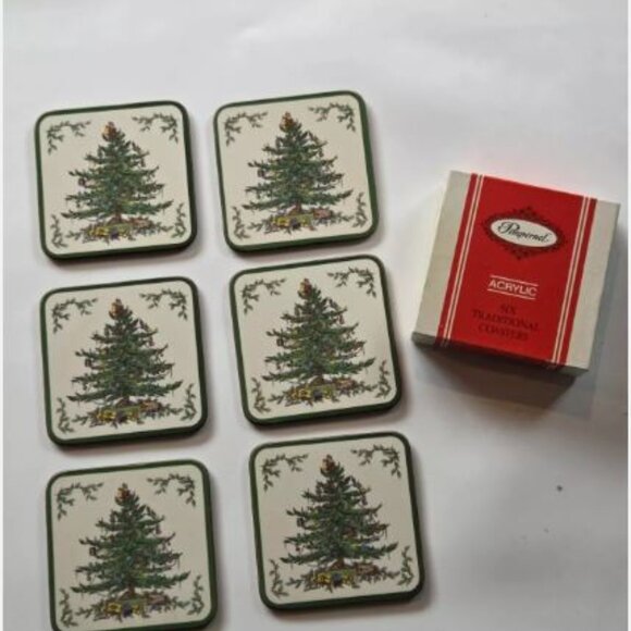 Spode Christmas Tree Coasters Drink Cork Back Pimpernel England Set 6 Boxed - Picture 1 of 5